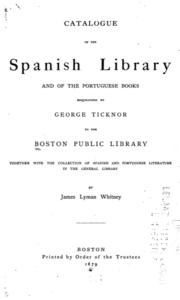 A printed title page bears the title and publication information of the Ticknor Collection catalog at the Boston Public Library
