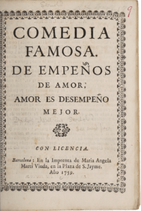 A printed title page to an 18th-century Spanish play. The text is ringed by a decorative border, and below the title is a small decorative emblem.
