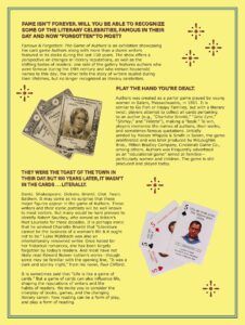 A vertically oriented graphic with a yellow background displays exhibition text (repeated in the text on this webpage) about the Game of Authors. Interspersed with the text blocks are decorative symbols and fanned stacks of playing cards displaying the faces of authors Charlotte Brontẽ and James Baldwin.