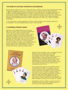 A vertically oriented graphic with a yellow background displays exhibition text (repeated in the text on this webpage) about the Game of Authors. Interspersed with the text blocks are decorative symbols and fanned stacks of playing cards displaying the faces of authors Alexandre Dumas, Gwendolyn Brooks, Charlotte Brontẽ, and Virginia Woolf.