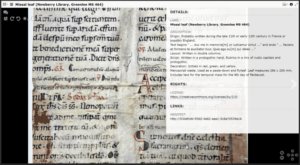 Screenshot of a medieval missal leaf from the Newberry Library (Greenlee MS 464) with a pop-up box of metadata overlaying part of it.